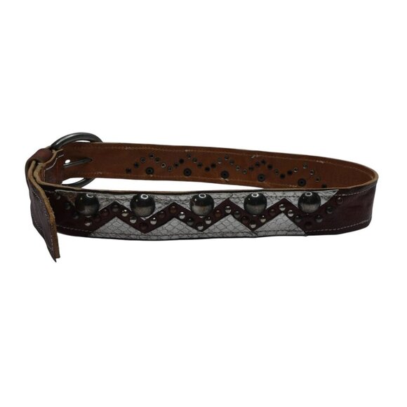 Aquara 3899 Brown Silver Snakeskin Embossed Leather Metal Studded Western Belt - Picture 5 of 10